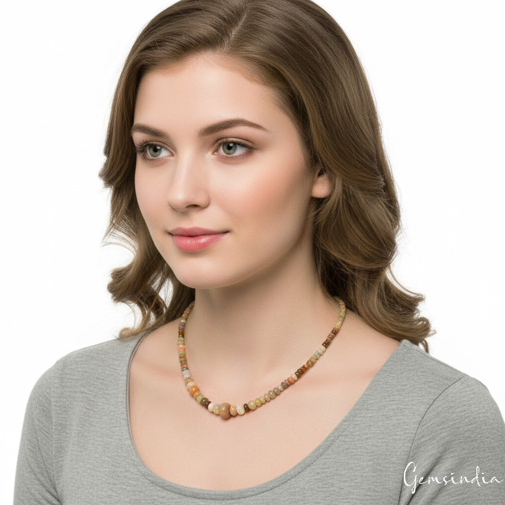 60.30Ct Natural Multi Shine Opal Round Beaded Necklace w Adjustable Silver Chain