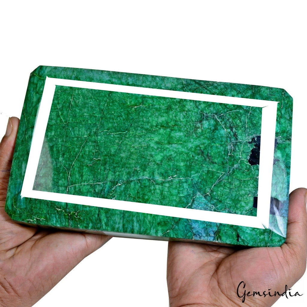 Large 3.1 Kilo Natural Green Emerald Octagon Cut Brazilian Gemstone with Stand