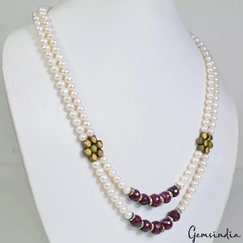 316.20 Cts Natural Freshwater Pearl & Red Ruby Round Beaded Handmade Jewelry Set