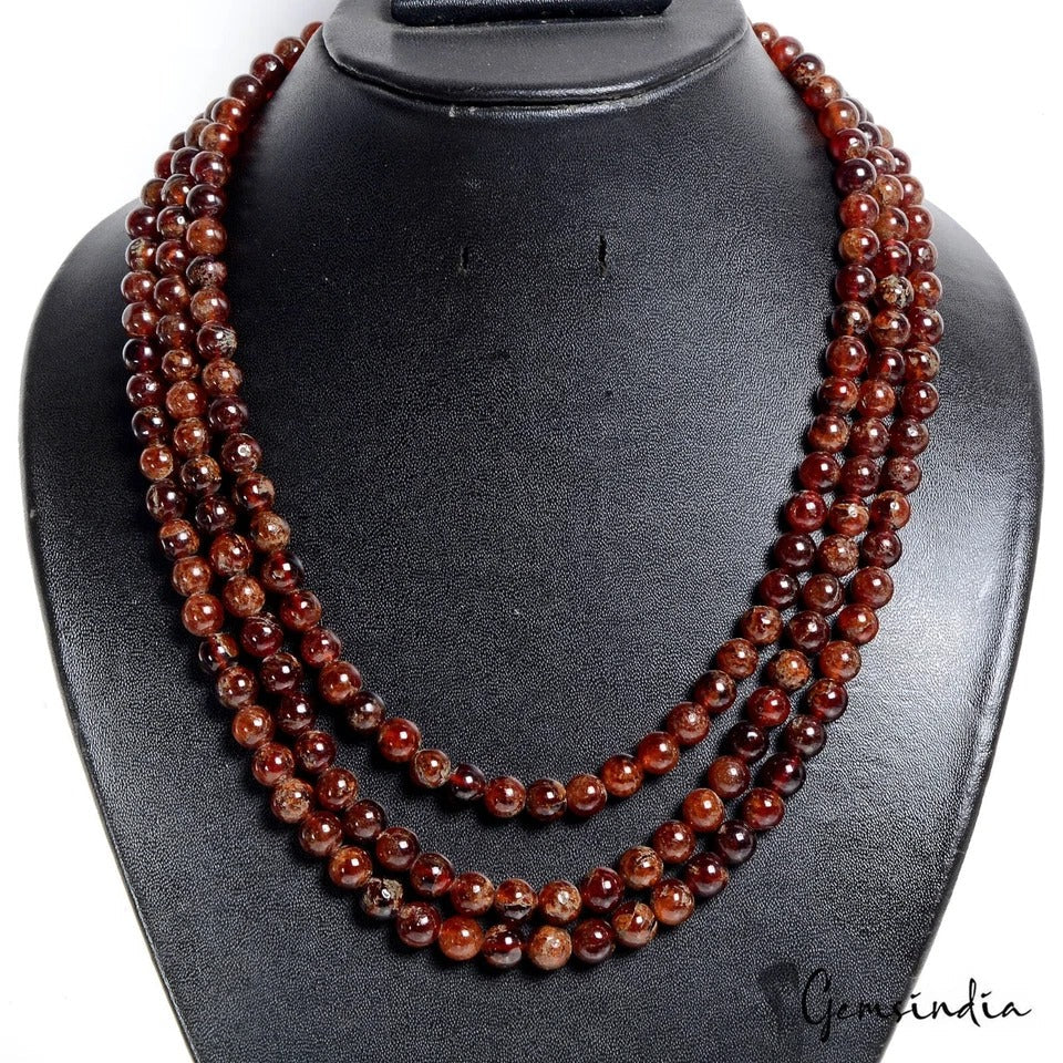 3 Strand Hessonite Garnet Amazing 827 Ct Beaded Stunning 7-8mm Necklace Jewelry