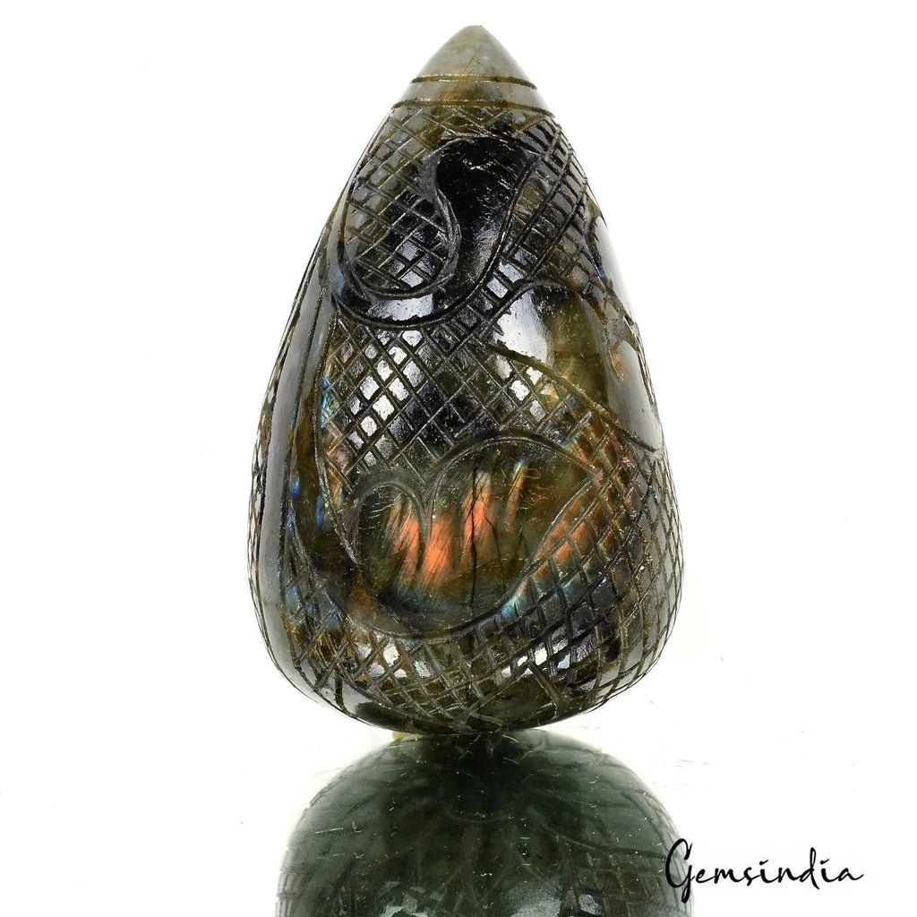 1400 Ct Natural Labradorite Peach Blue Shine Pear Drop Hand Carved Huge Gemstone