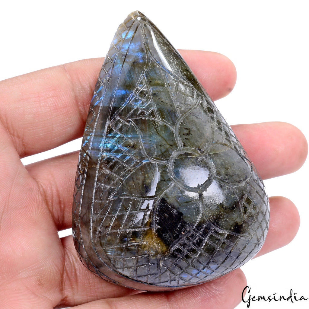 850Ct Natural Untreated Blue Shine Labradorite Pear Carving Earth Mined Gemstone