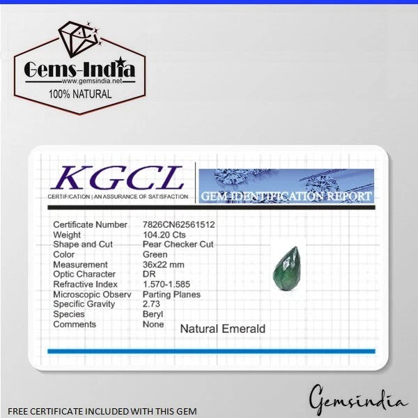 Certified 104 Ct Natural Green Emerald Pear Checker Cut Drill Briolette Bead Gem