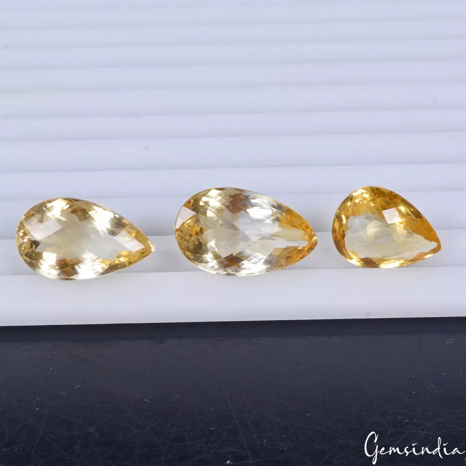 64.50 Ct Yellow Unheated Citrine Pear Checker Cut 19-25mm Natural Gemstone/3 Pcs