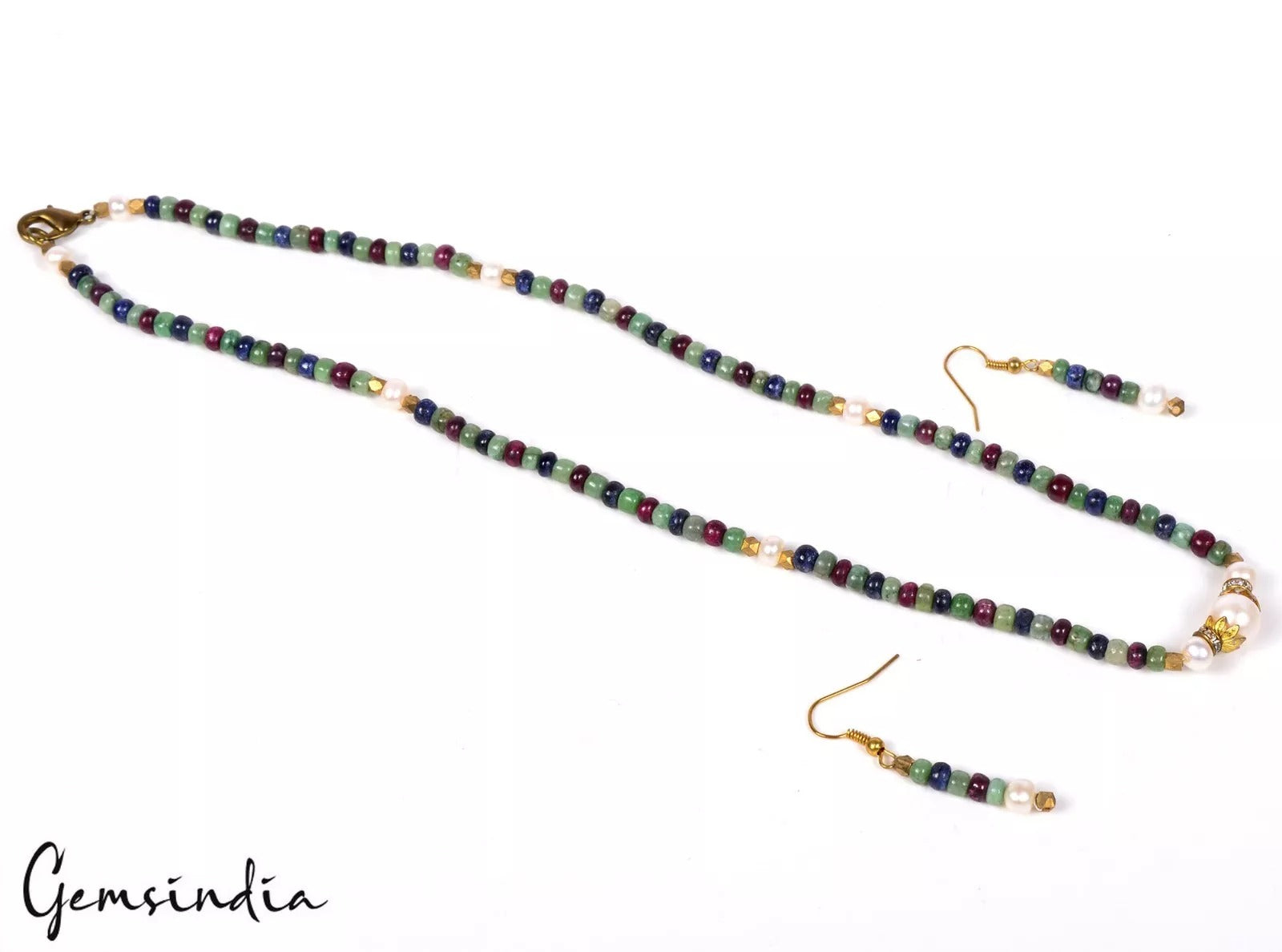 134.50 Cts Emerald Ruby Sapphire Gemstone Beaded Handmade Necklace with Earrings