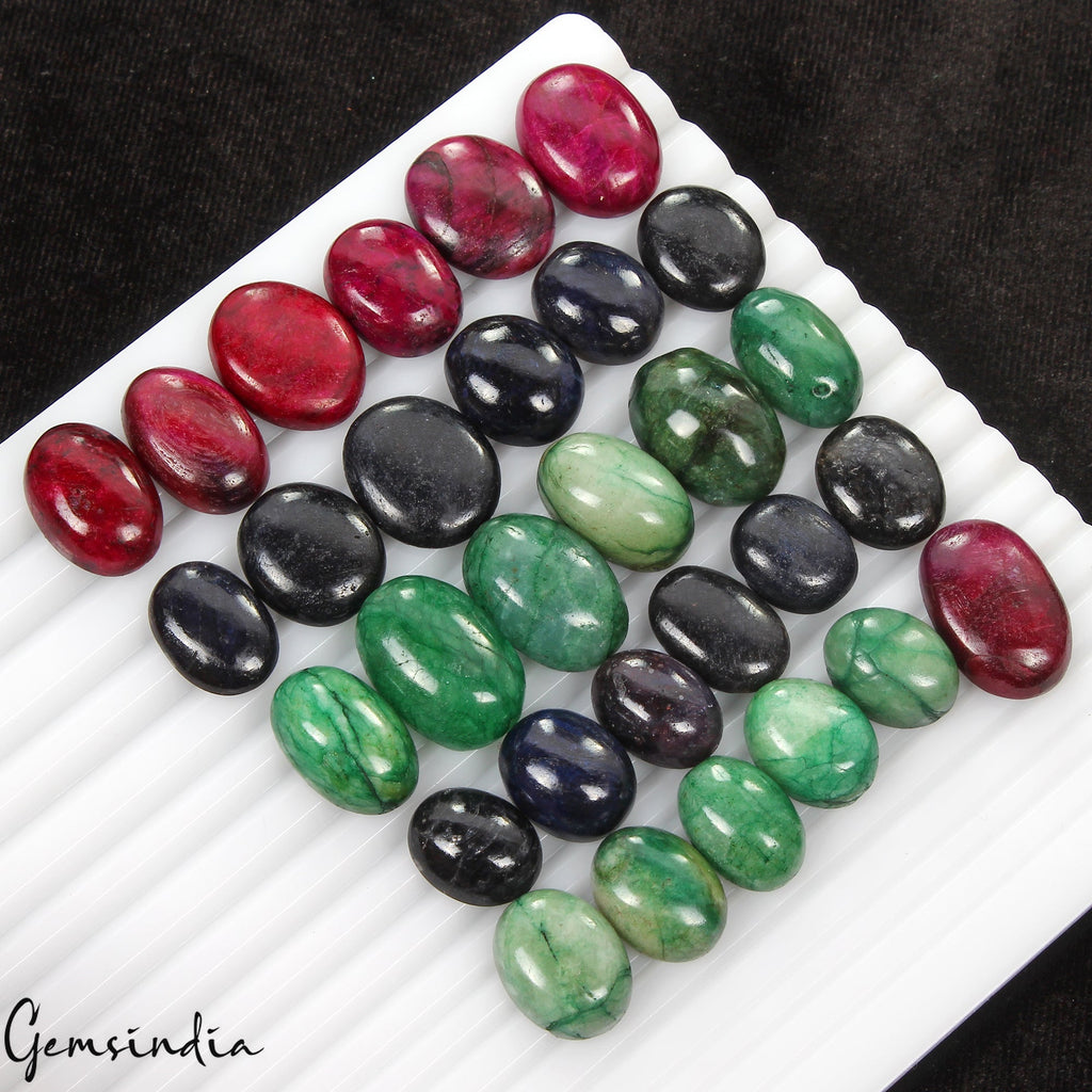 Certified 580 Ct Natural Ruby Emerald Sapphire Oval Cabochon Loose Gemstones Lot