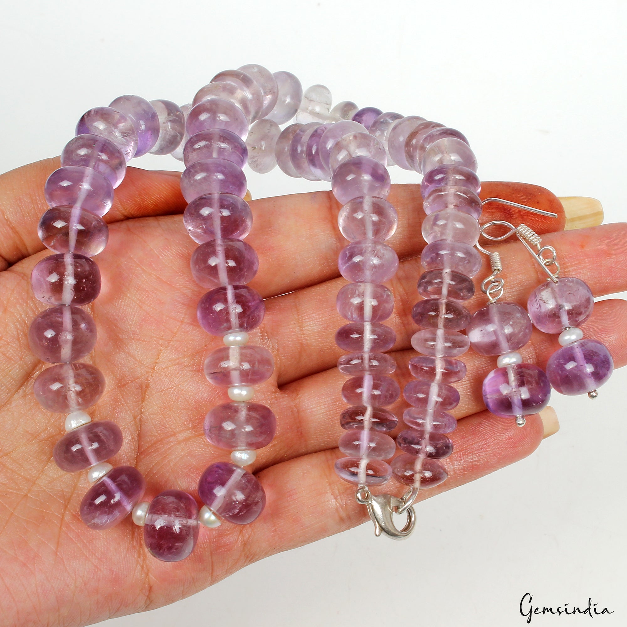 595.50 Ct Pearl & Purple Amethyst Round Beaded Handmade 19" Necklace & Earrings