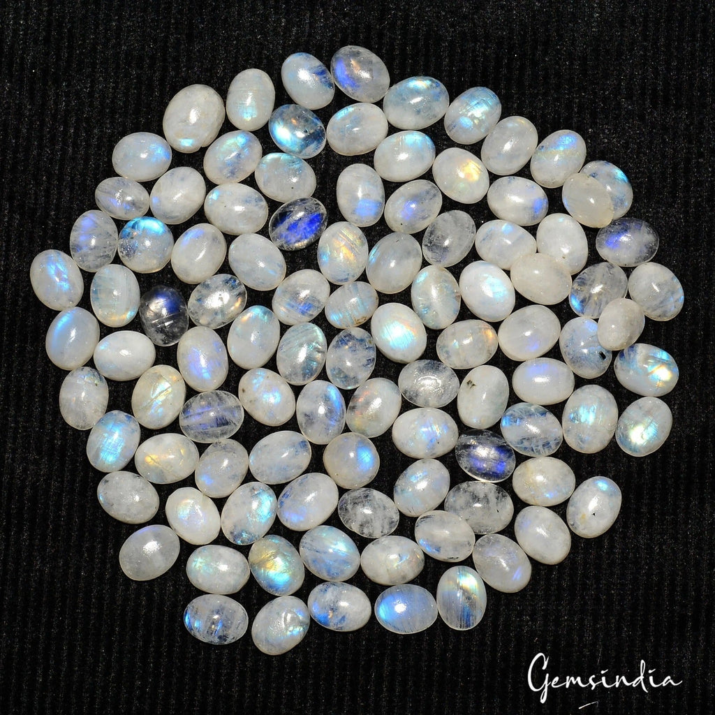 98 Pcs Natural Rainbow Moonstone 8-9mm Oval Blue Shine Cabochon Gemstones~220 Ct