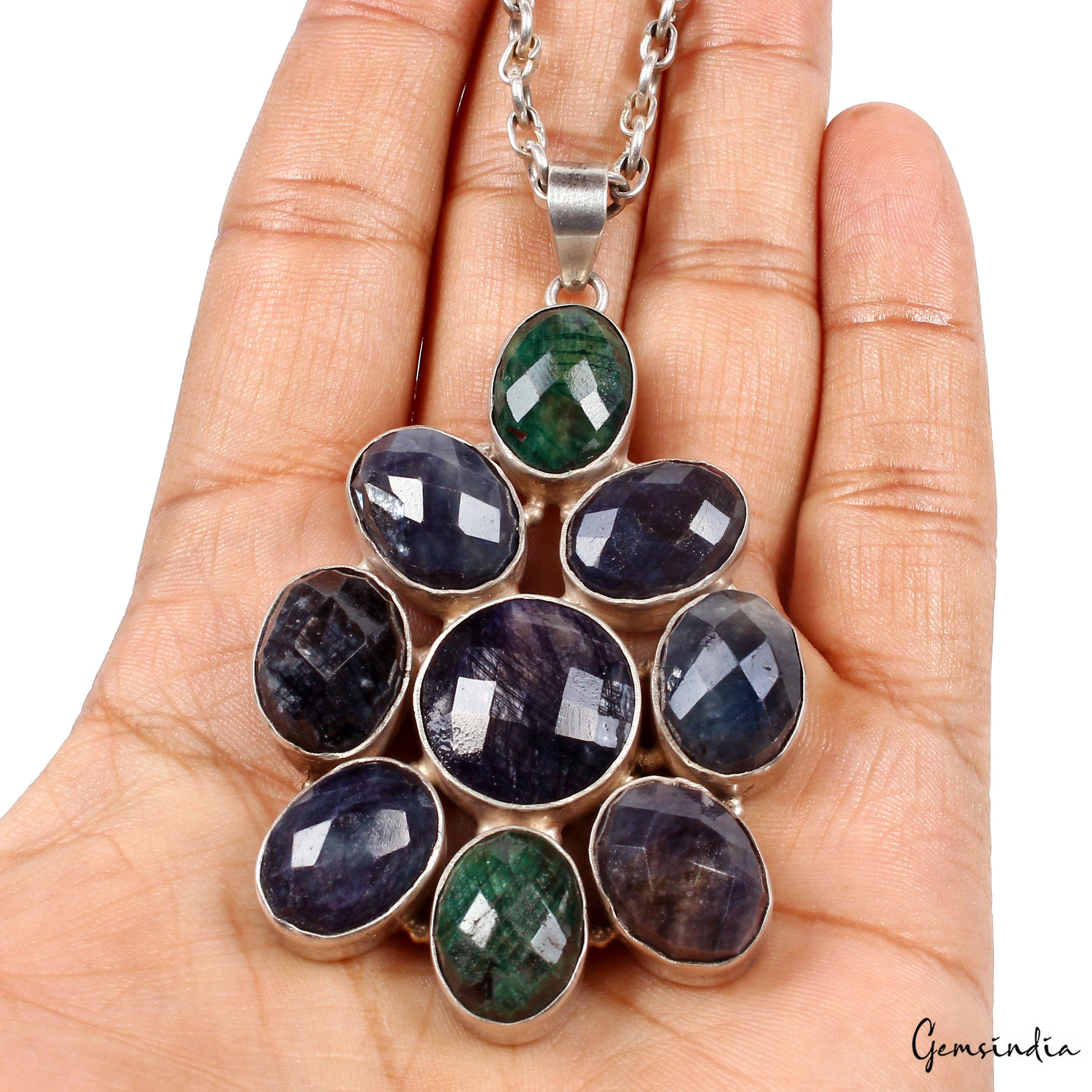 53.20 gm 925 Sterling silver Huge Size Emerald Sapphire Handmade Pendant Jewelry