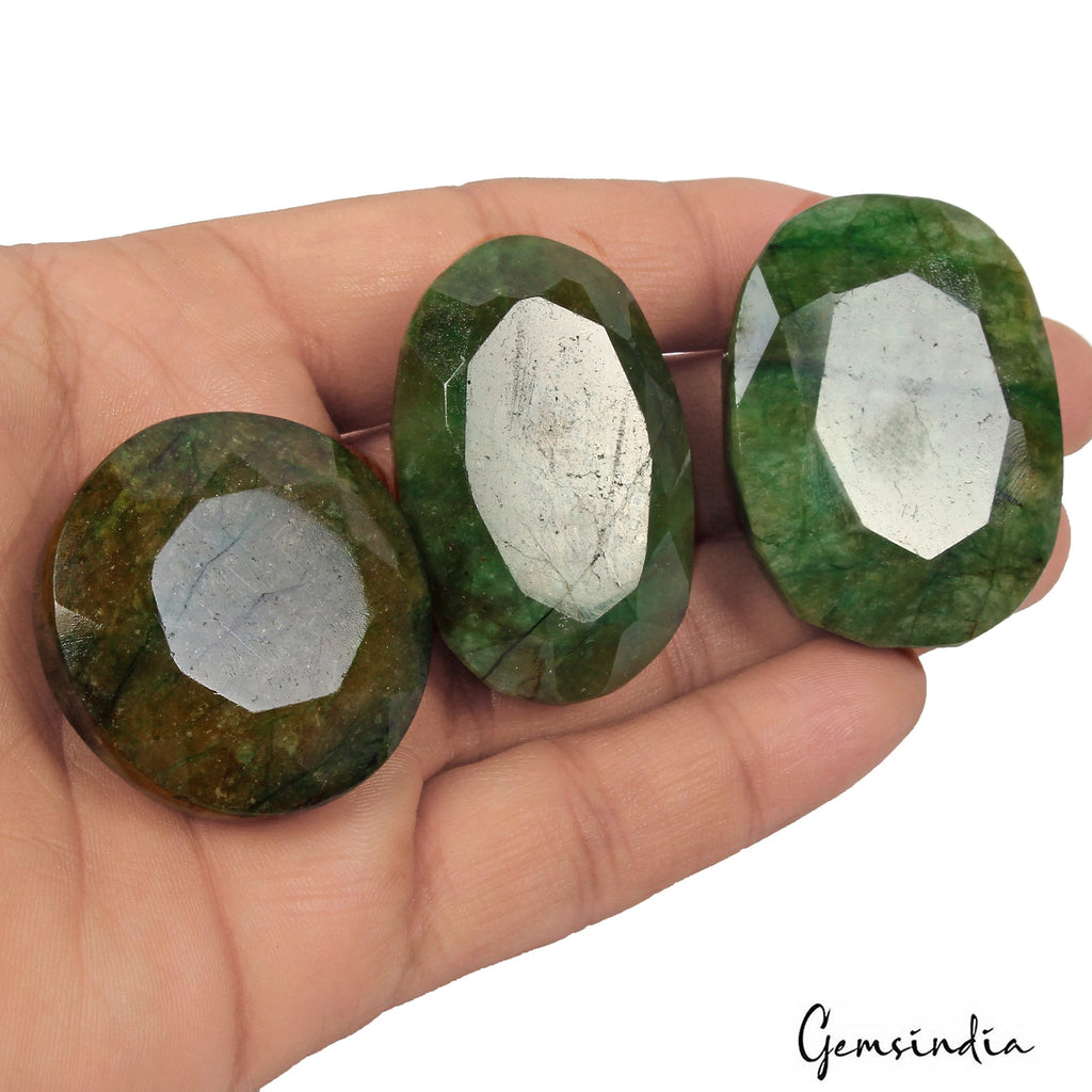 570 Ct Natural Green Brazilian Emerald Mix Faceted Earth Mined Gems Lot 3 Pcs