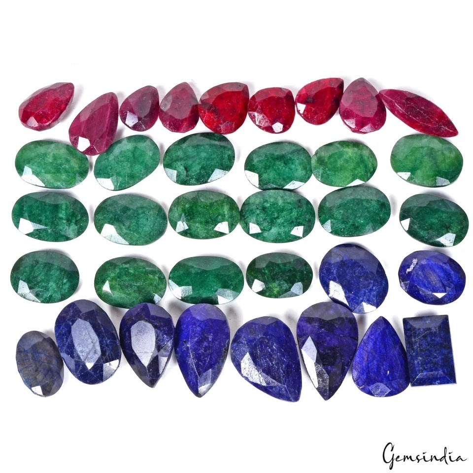 Certified 1500 Cts/35 Pcs Natural Multi Color Ruby Emerald Sapphire Mix Cut Gems