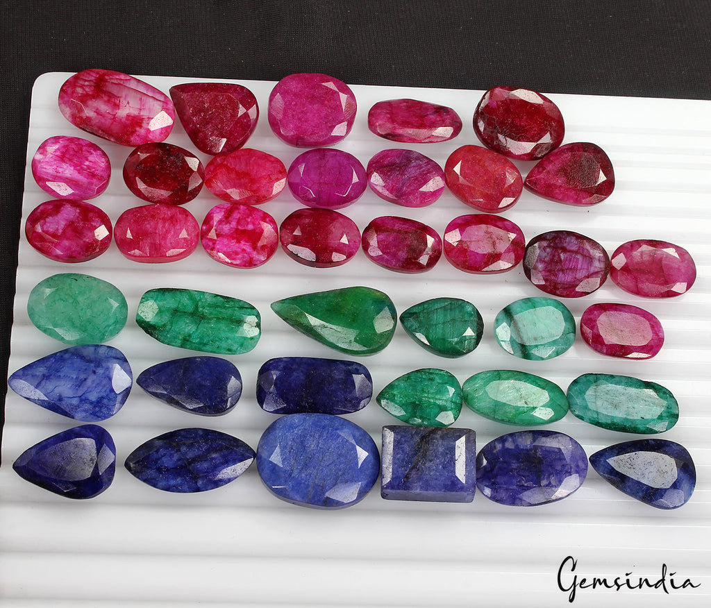 620 Cts/38 Pc Natural Red& Blue Beryl Green Emerald Mixed Cut 16-26mm Loose Gems