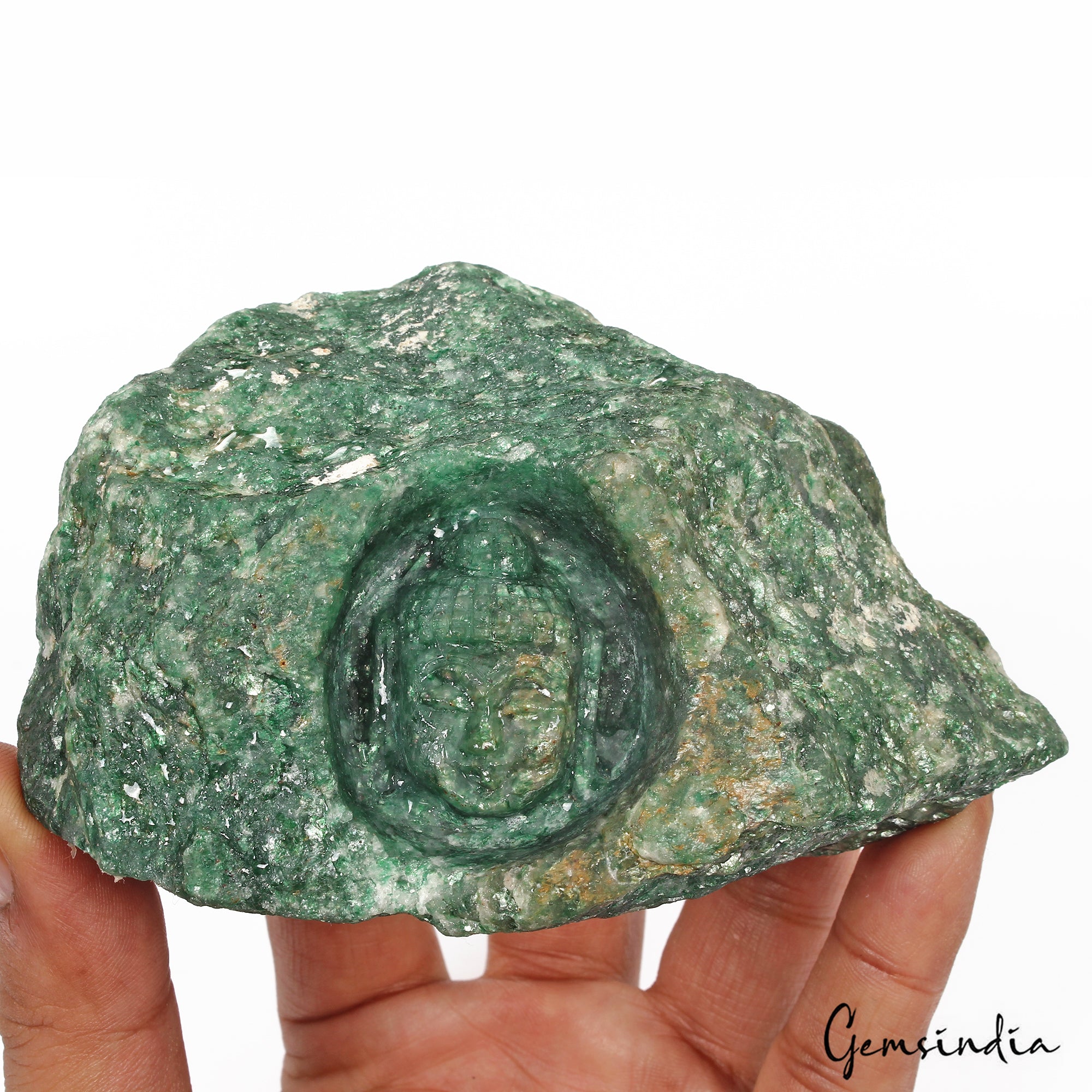 2600 Cts Natural Green Aventurine Rough Gem Carved Meditating Buddha Face Statue