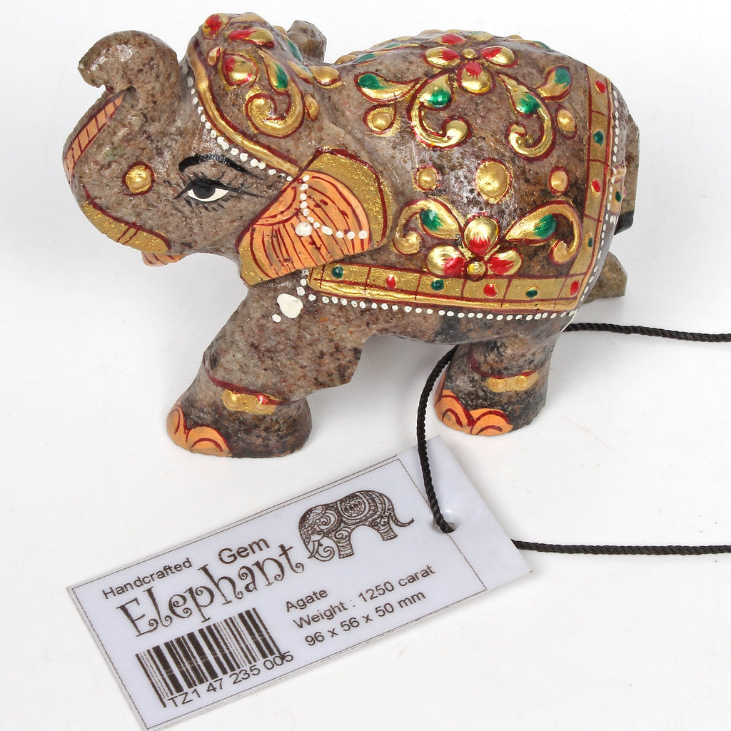 1250Ct Natural Agate Gemstone Hand Crafted Gold Painted Trunk Up Elephant Statue