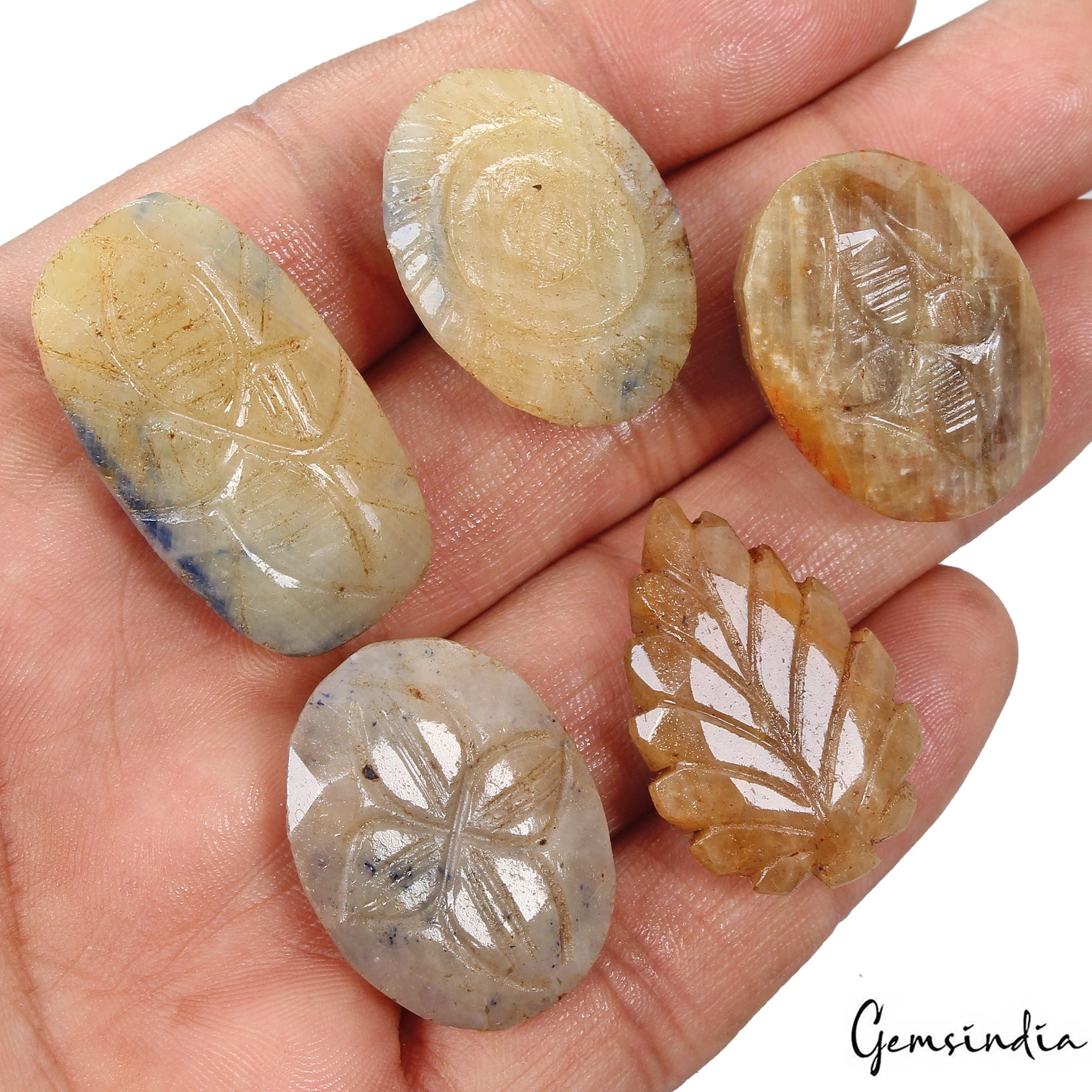 370 Ct/5Pcs Natural Untreated Yellow Brown Sapphire Mix Cut Both Side Carved Gem