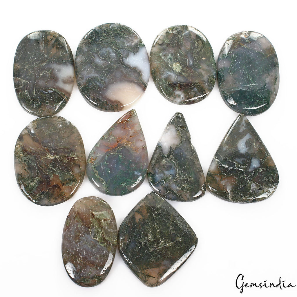 1260 Cts/10 Pcs Natural Untreated White Green Moss Agate Mix Cab Wholesale Gems
