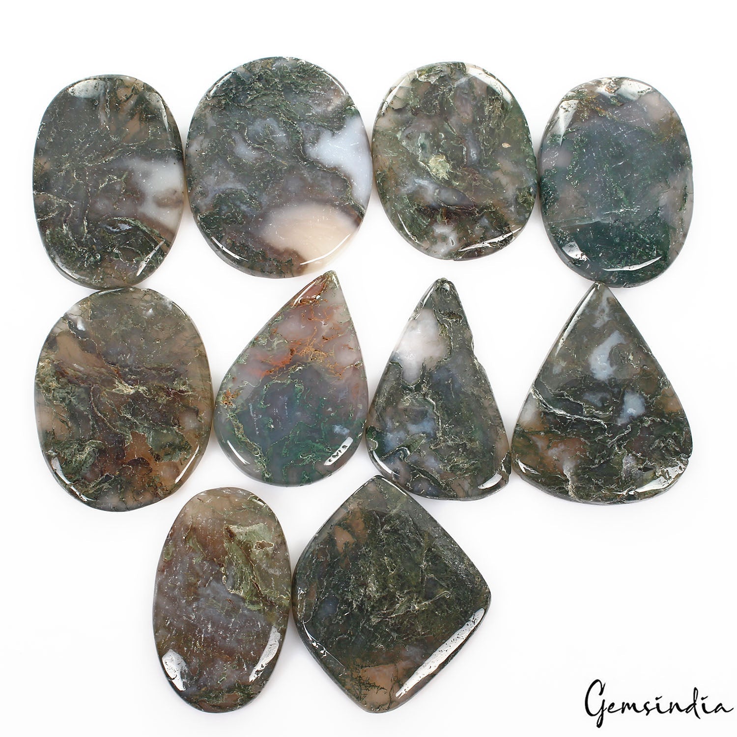 1260 Cts/10 Pcs Natural Untreated White Green Moss Agate Mix Cab Wholesale Gems