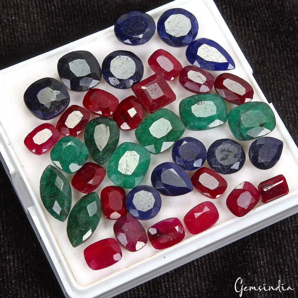 100 Ct Natural Ruby, Emerald & Sapphire 7-14mm Mix Cut Certified Gemstones~36 Pc