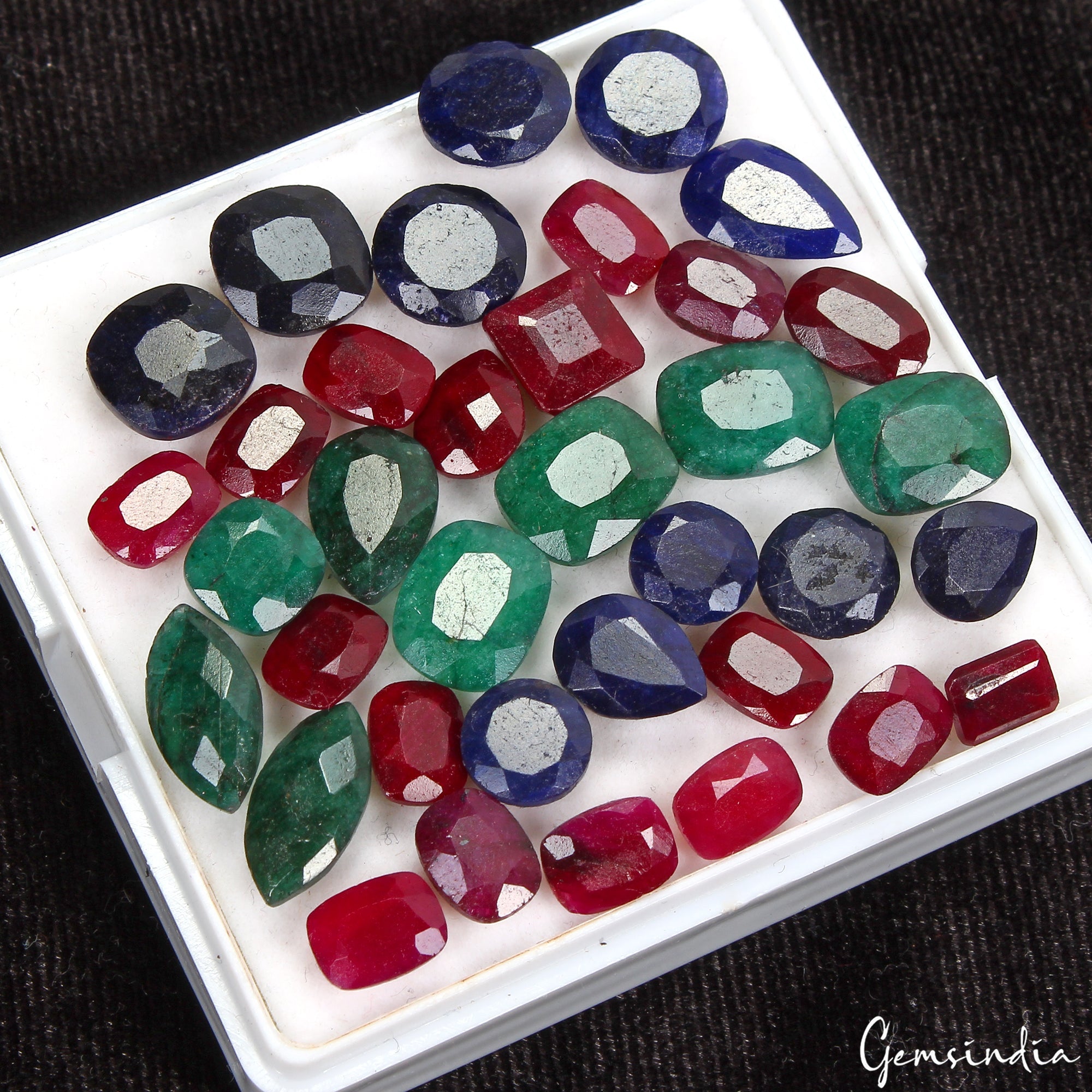 100 Ct Natural Ruby, Emerald & Sapphire 7-14mm Mix Cut Certified Gemstones~36 Pc