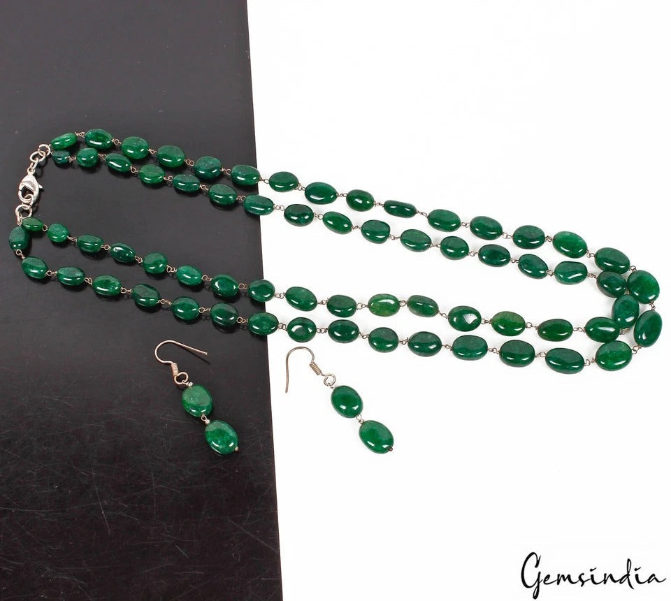 320 Cts Natural Green Quartz Gemstone Oval Beads Handmade Necklace w/ Earrings