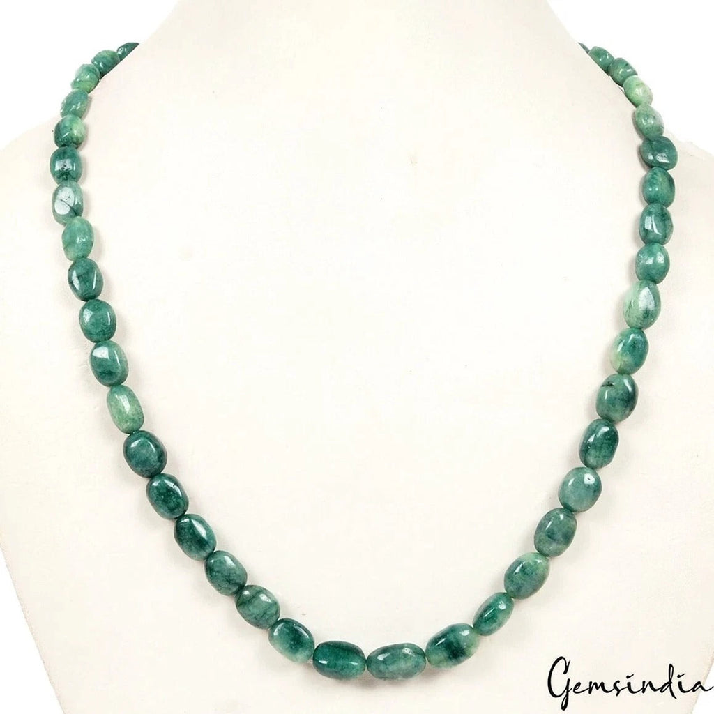 169.00 Ct Natural Green Emerald Oval Cab Center Drilled Beaded Handmade Necklace
