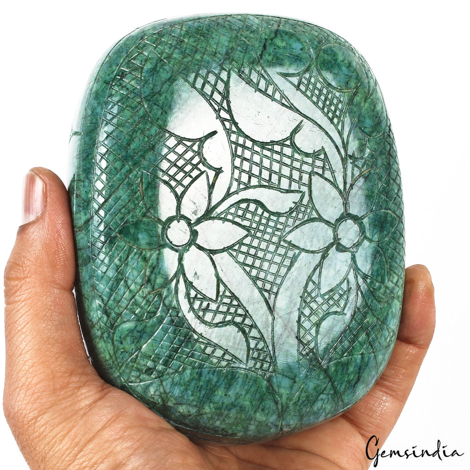 Certified 6400 Cts Natural Brazilian Green Emerald Cushion Carved Huge Loose Gem