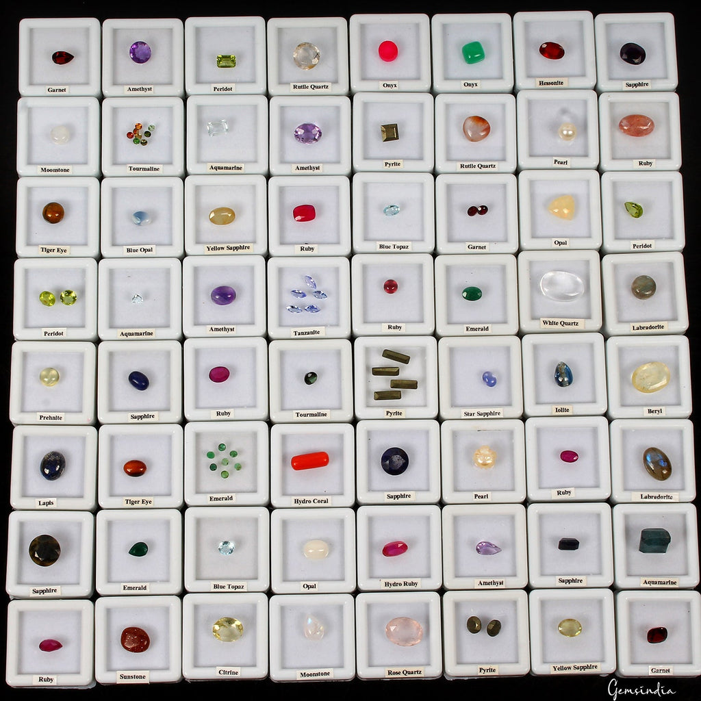 87 Pcs Estate Genuine Semi Precious Loose Mix Cut Multi Gems 64 Box Collection