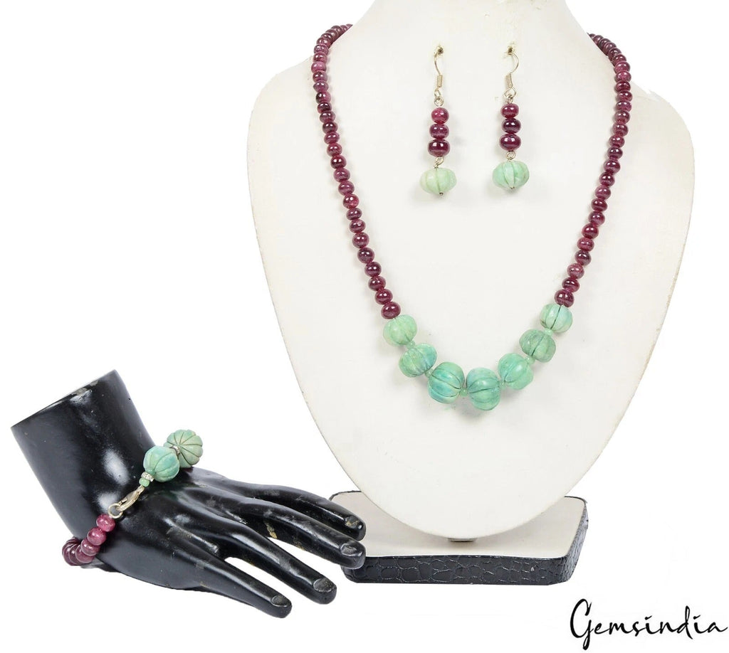 583 Cts Natural Red Ruby Green Emerald Round Beaded Handmade 3 Piece Jewelry Set