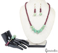 583 Cts Natural Red Ruby Green Emerald Round Beaded Handmade 3 Piece Jewelry Set