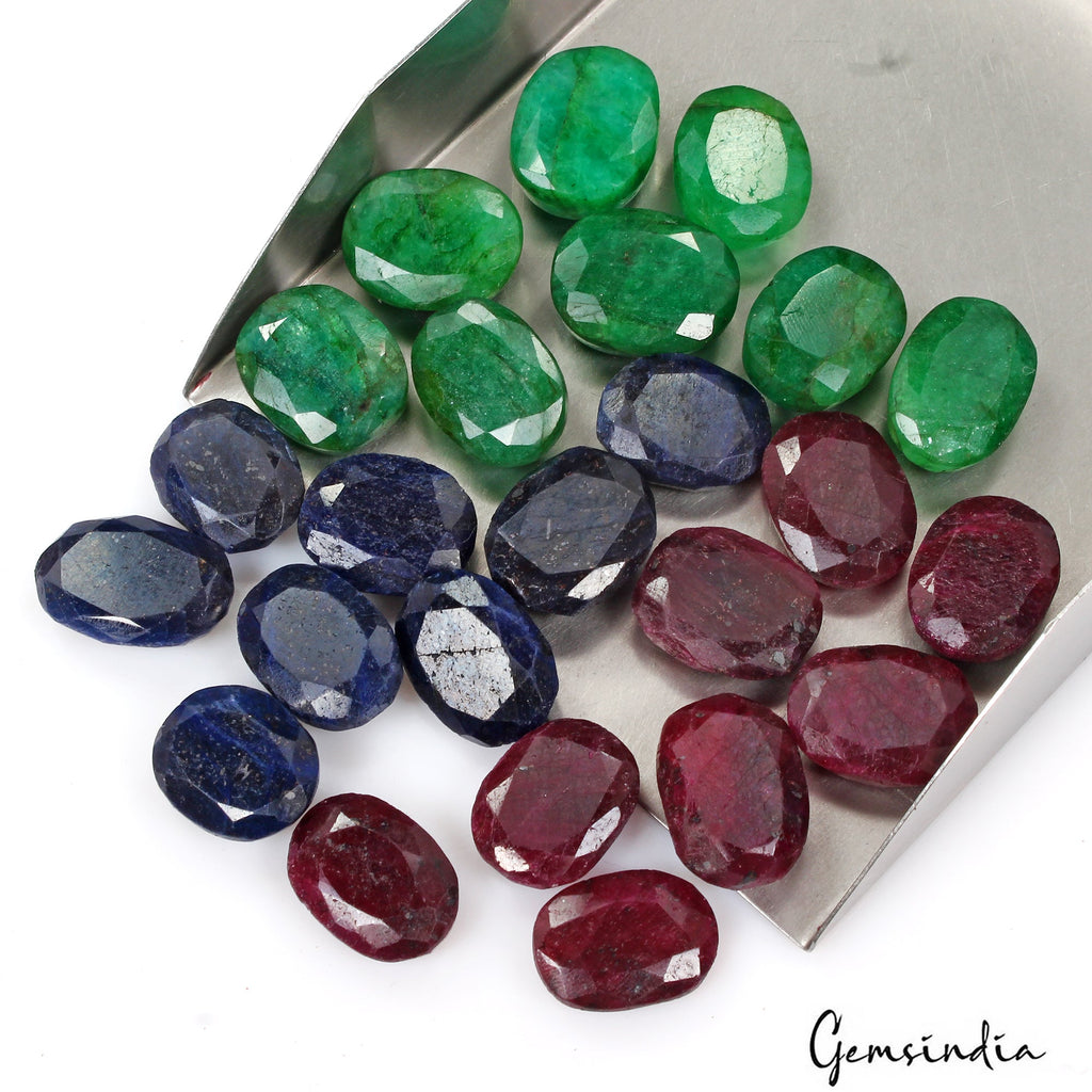 530 Ct Natural Ruby Emerald Sapphire Oval Cut Faceted Loose Certified Gems Lot