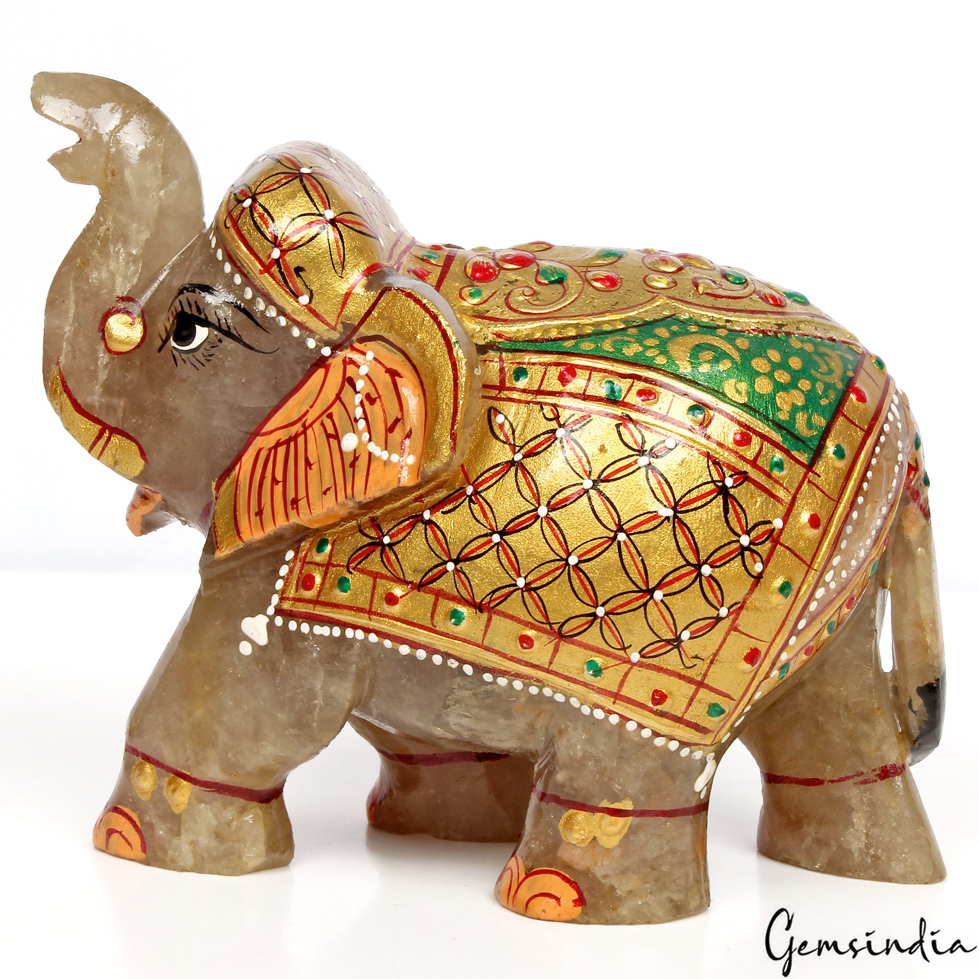 Aventurine Elephant Figurine, Gold — 116x73x58mm, 2550 Ct, India