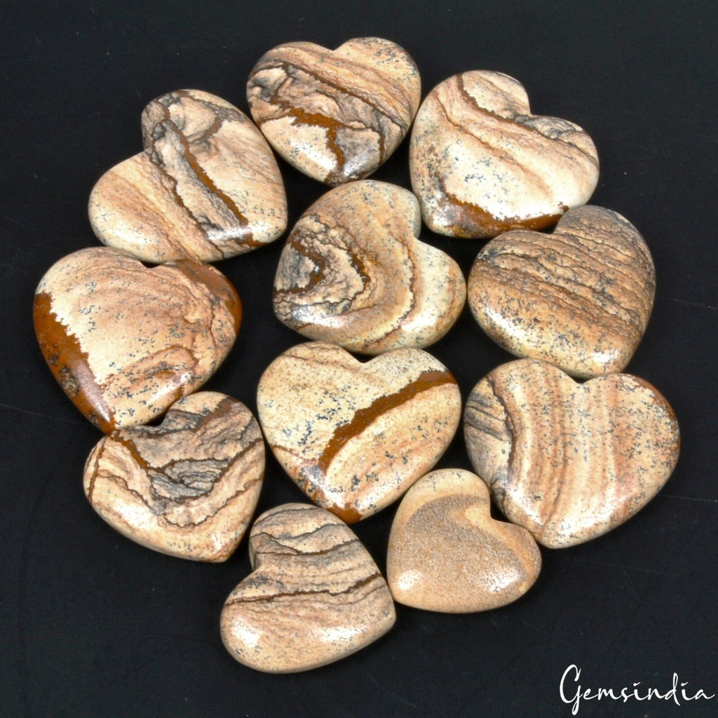 11 Pcs Natural Picture Jasper 22-32mm Heart Shape Loose Cabochon Gemstones Lot