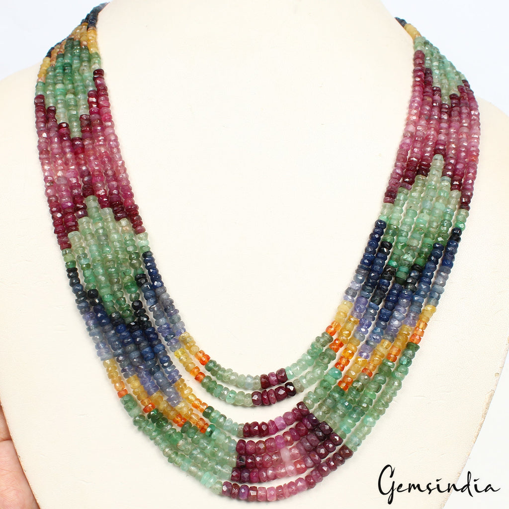 7 Strands Untreated Ruby Emerald Sapphire Beaded Designer AAA Necklace 400 Cts