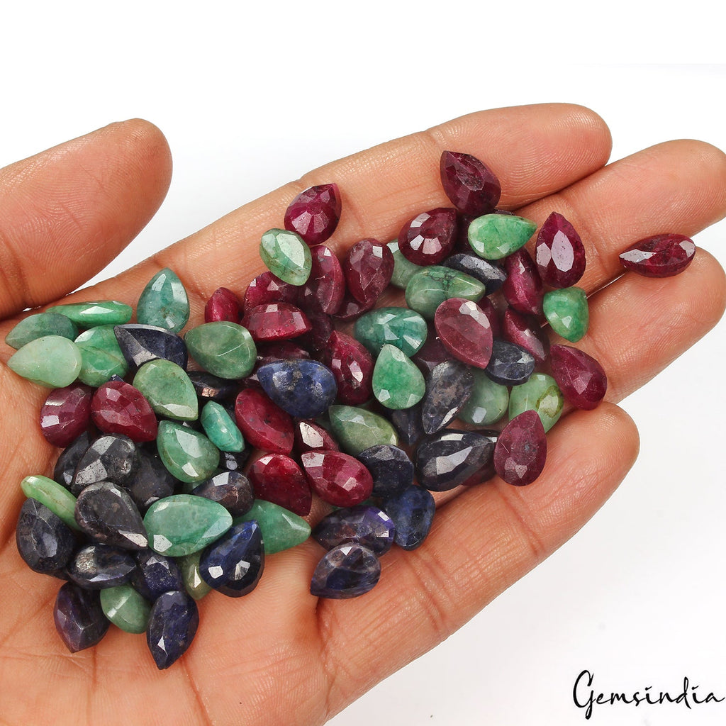 Certified 380 Cts/90 Pcs Natural Multi-Color Ruby Emerald Sapphire Pear Gems Lot