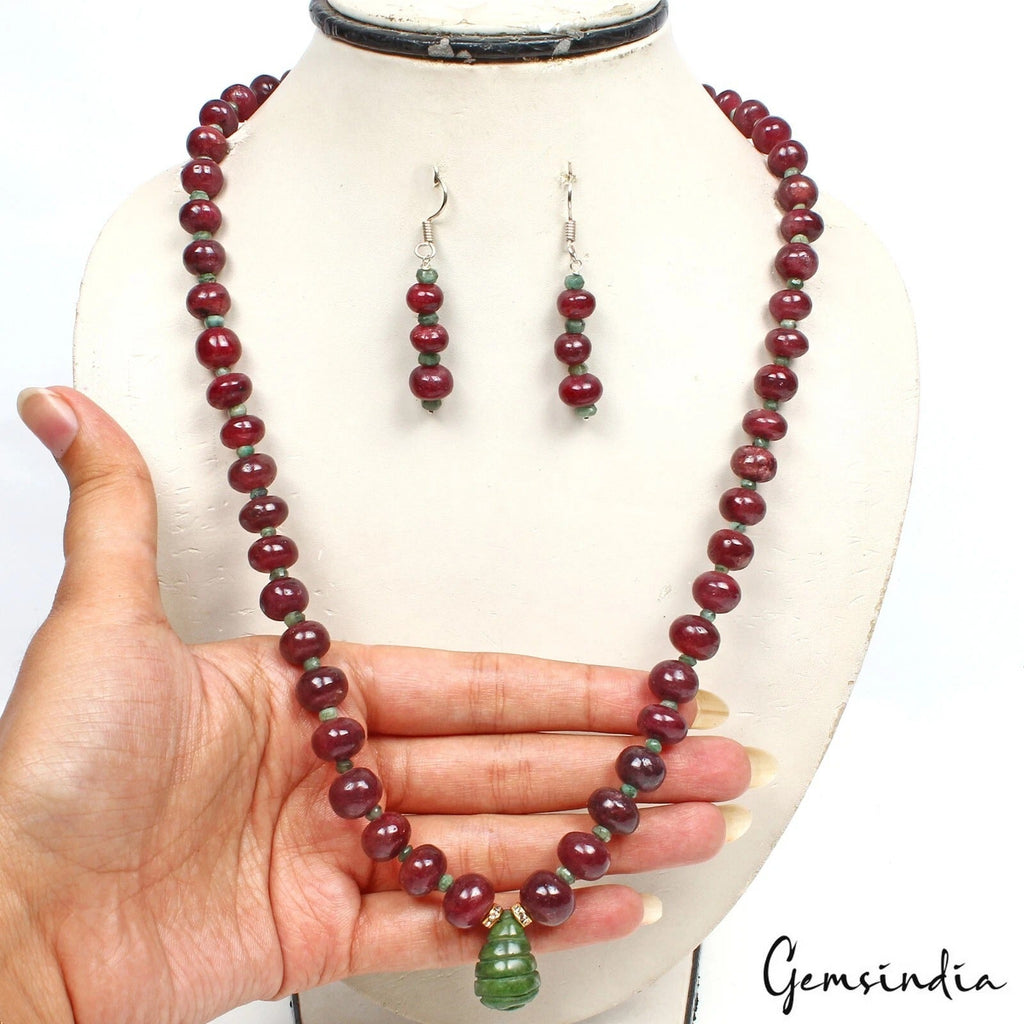 520 Ct Natural Ruby Emerald Gemstone Beaded Handmade Necklace Earrings~ 20" Long