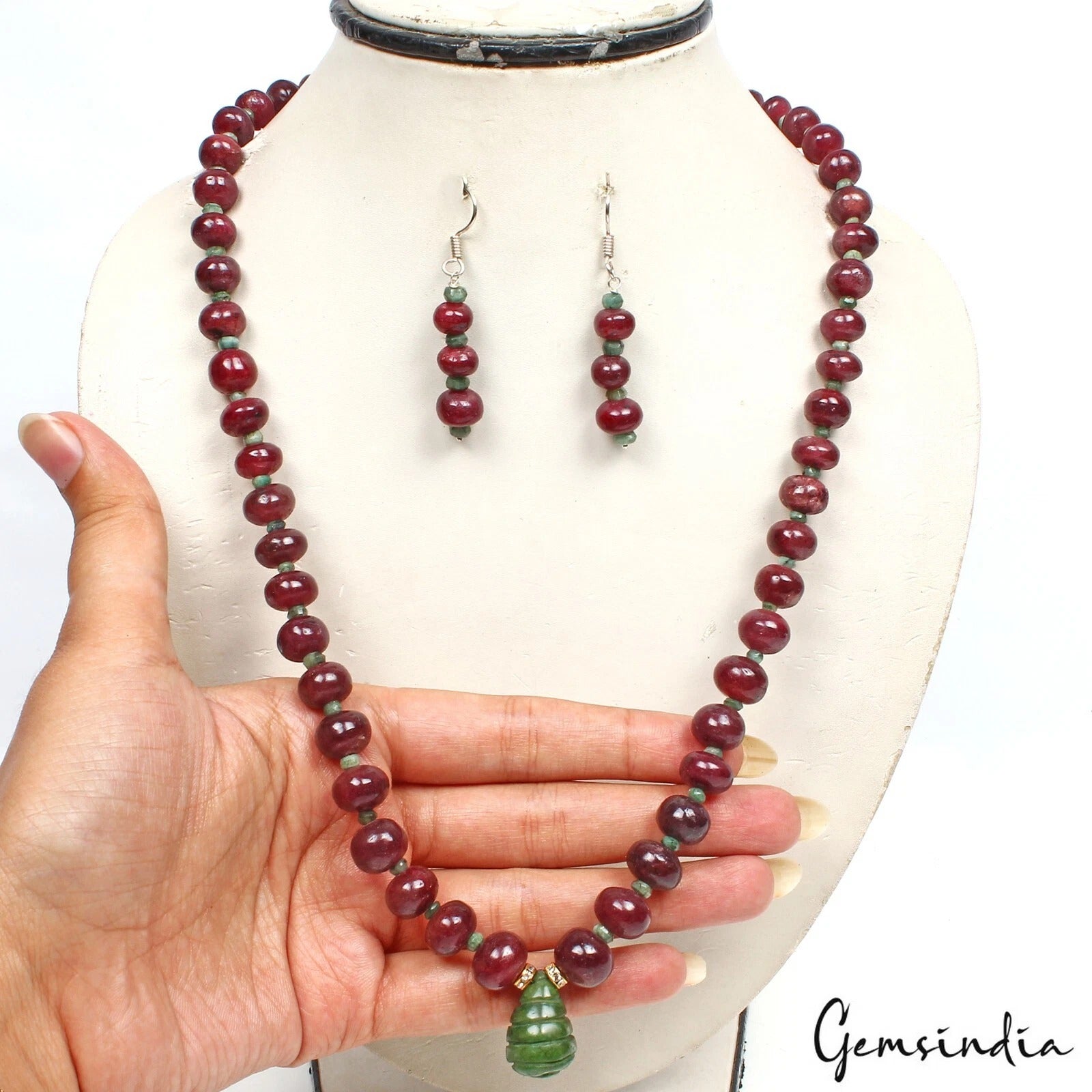 520 Ct Natural Ruby Emerald Gemstone Beaded Handmade Necklace Earrings~ 20" Long