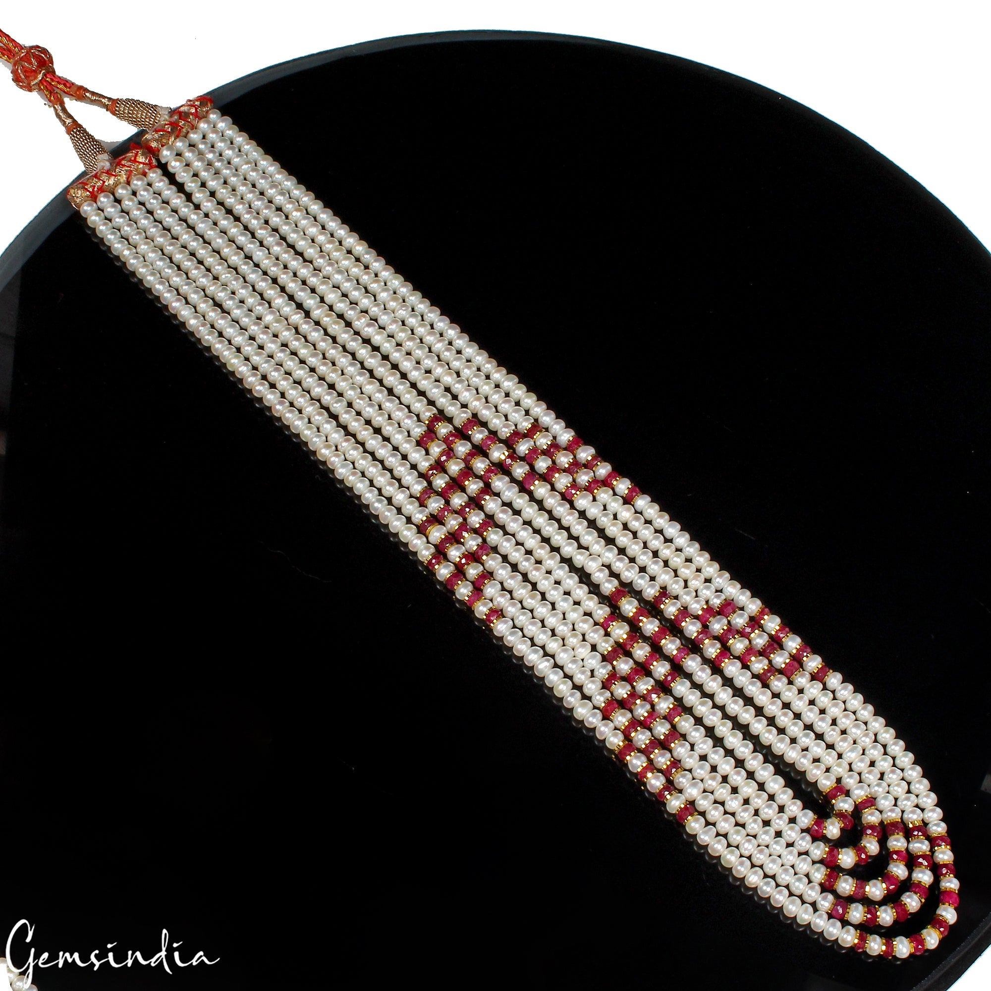 300 Cts Genuine Ruby & Pearl Multi Strands Beaded Handmade Women Necklace 22"