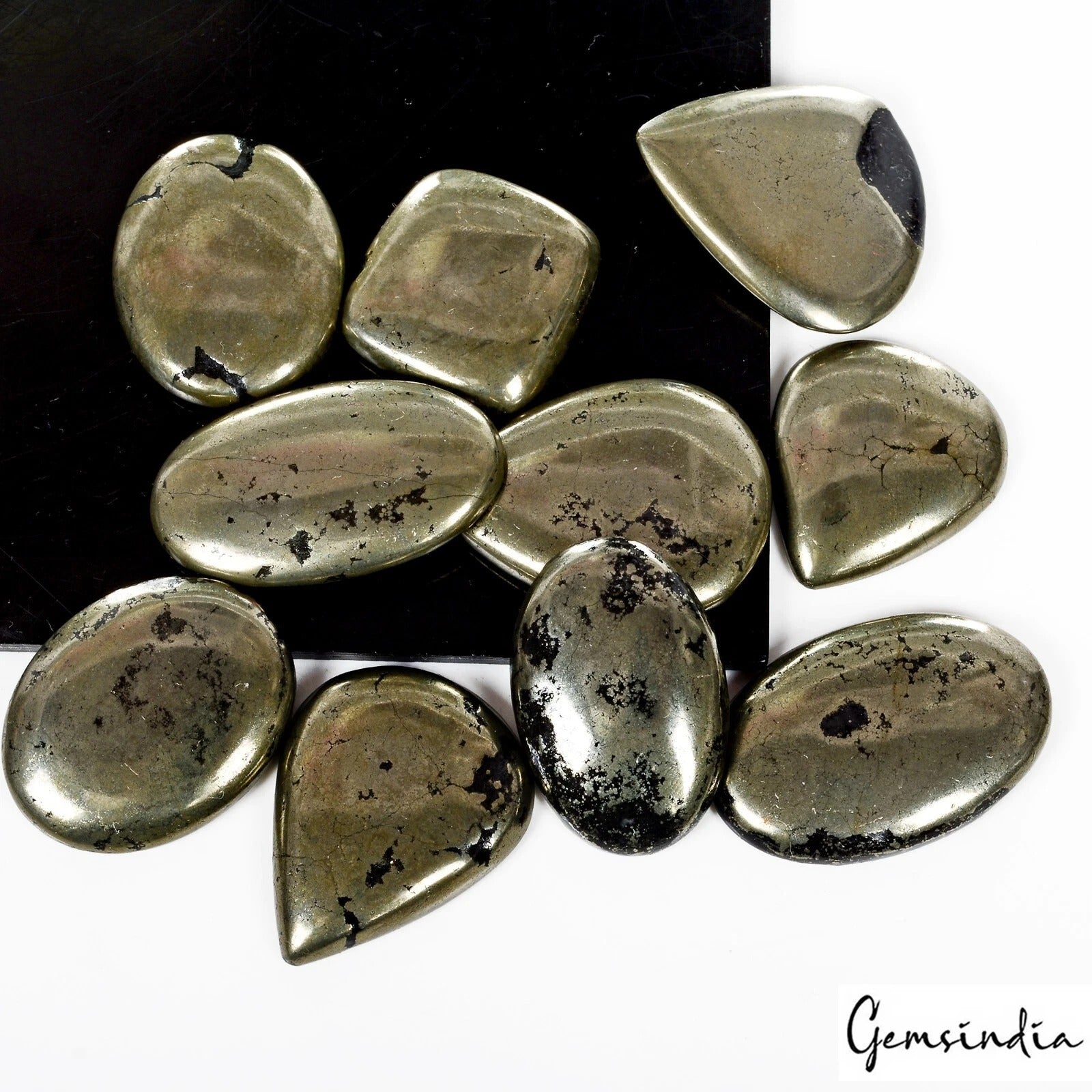 Pyrite Lot, Cabochon, Untreated, Gold — 10 Pieces, 24mm to 35mm, 570 Ct