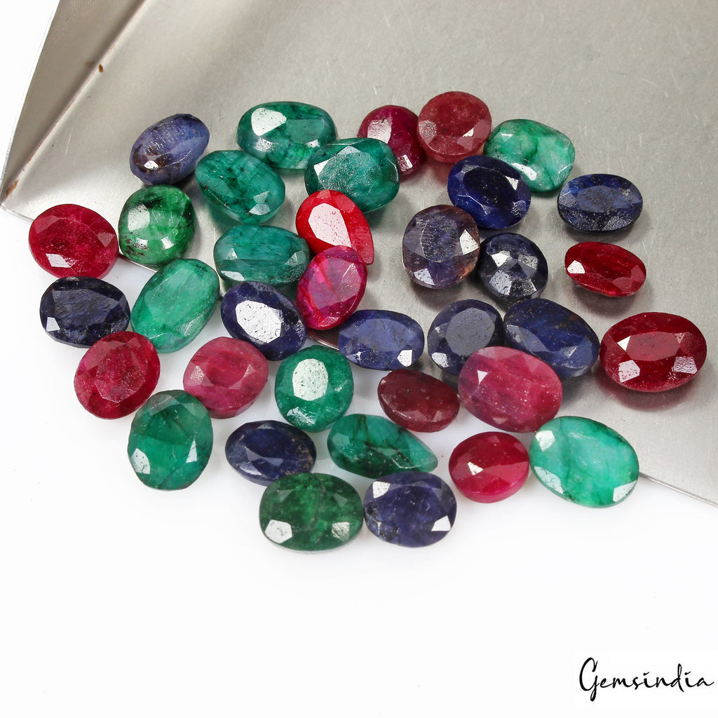 121 Ct/36 Pc Natural Red Ruby Green Emerald Blue Sapphire Mix Cut Certified Gems