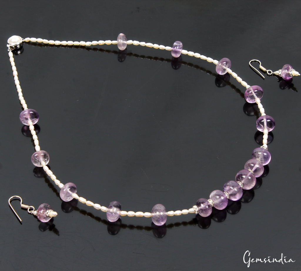 220.80 Ct Natural Purple Amethyst & Freshwater Pearl Beaded Handmade Jewelry Set