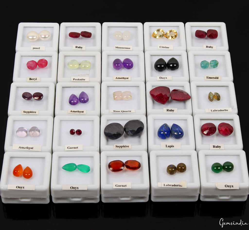 25 Pair Estate Genuine Multi Gems Loose Colorful Jewelry Stones Collection w/Box