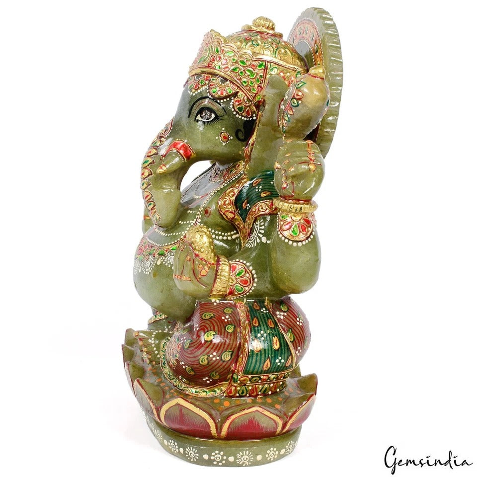 5.1 Kg Natural Aventurine Singlestone Carved Lord Ganesha Gold Paint Sculpture