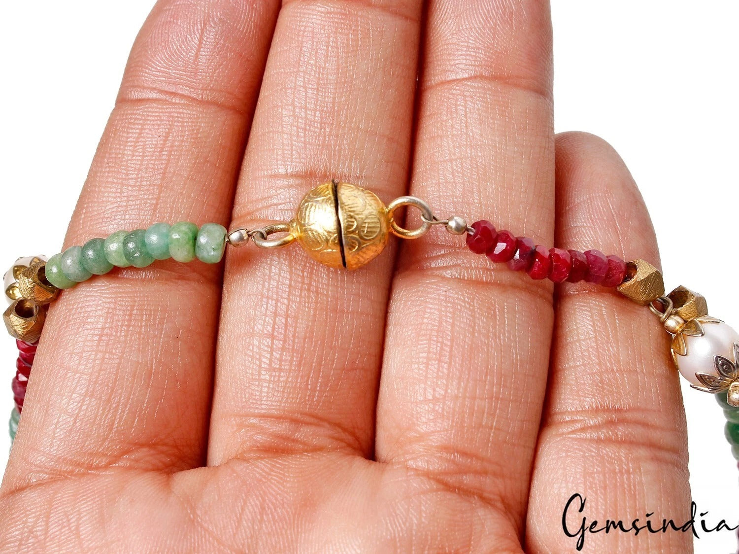 179.50Ct Natural Red Ruby Green Emerald Freshwater Pearl Gem Beaded Necklace 20"