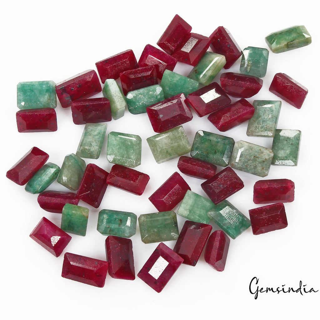Certified 300 Ct/50 Pcs Natural Red Ruby Green Emerald Baguette Cut Loose Gems