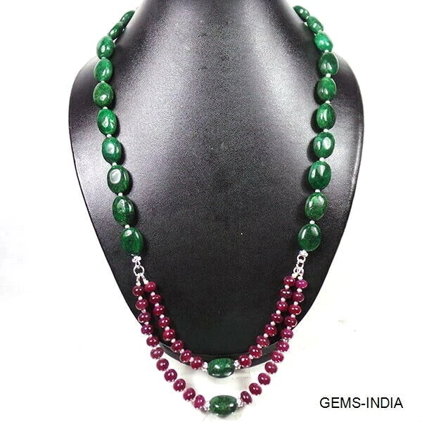 540 Ct Natural Red Ruby Green Emerald Mix Gems Beaded Handmade Long Necklace 26"