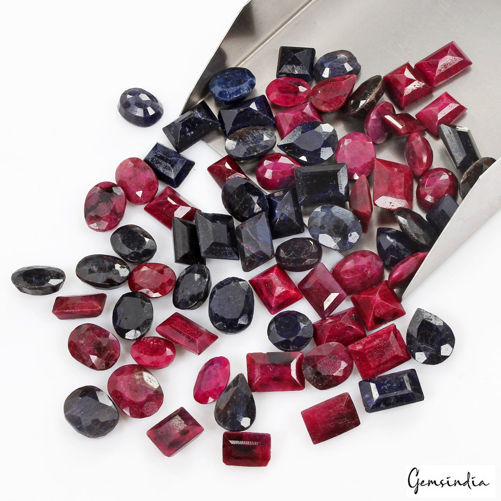 Certified 700 Cts/71 Pcs Natural Red Ruby Blue Sapphire Mix Cut Loose Gems Lot