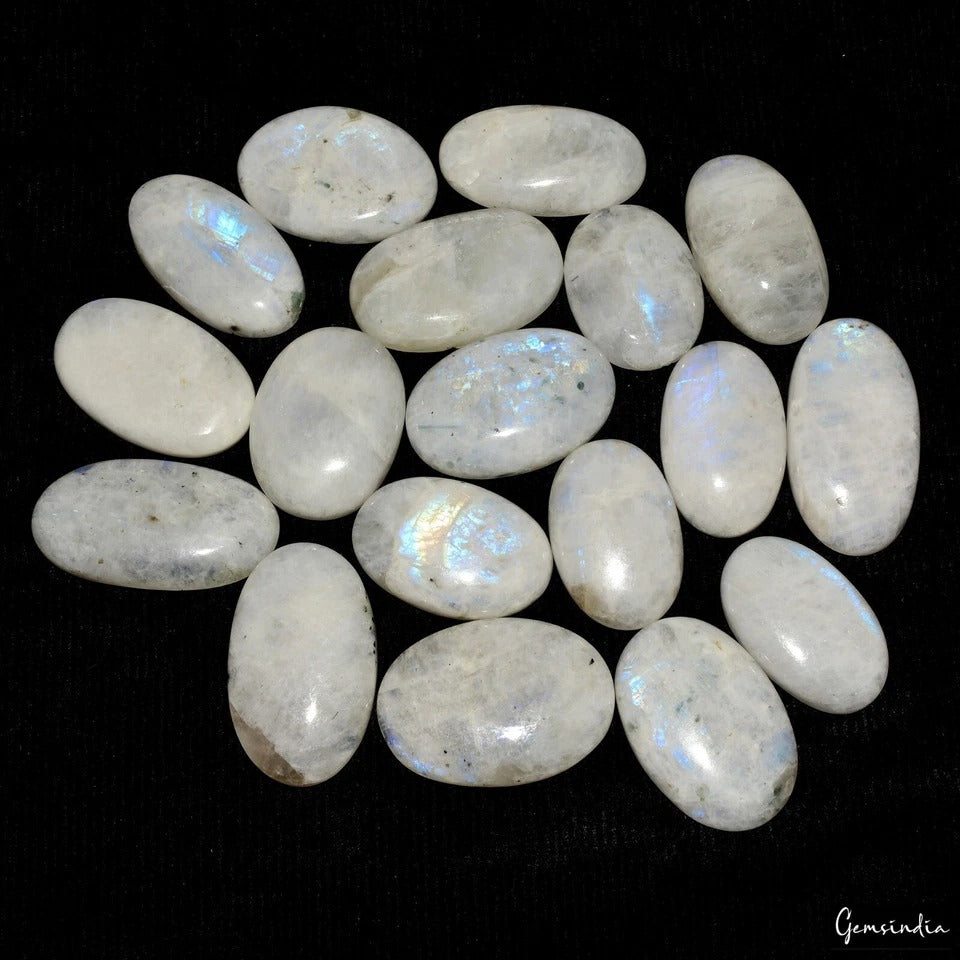 1500 Cts/18 Pcs Natural Untreated White w Blue Shine Moonstone Oval Cab Gems Lot