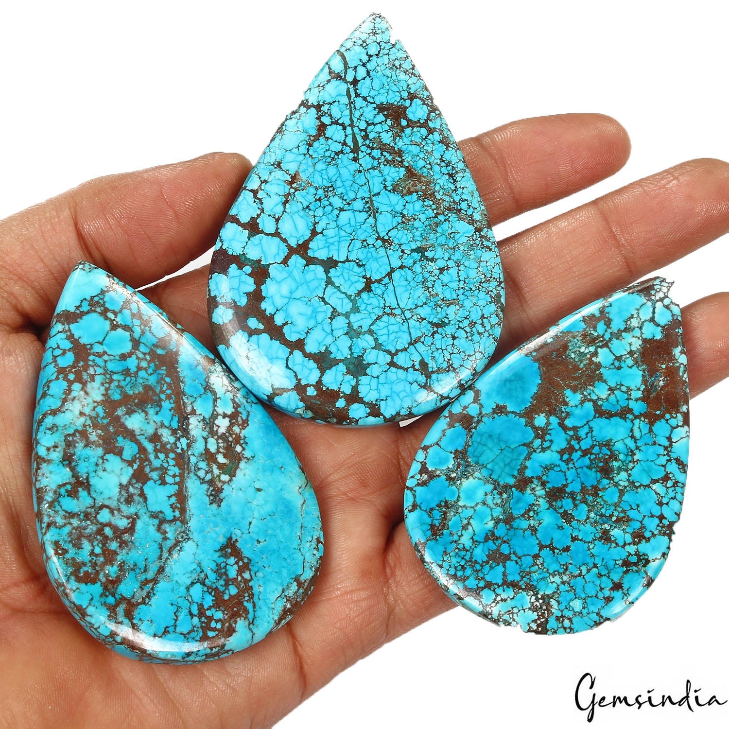 900 Cts/3 Pcs Natural USA Arizona Spiderweb Blue Turquoise Pear Cab Loose Gems