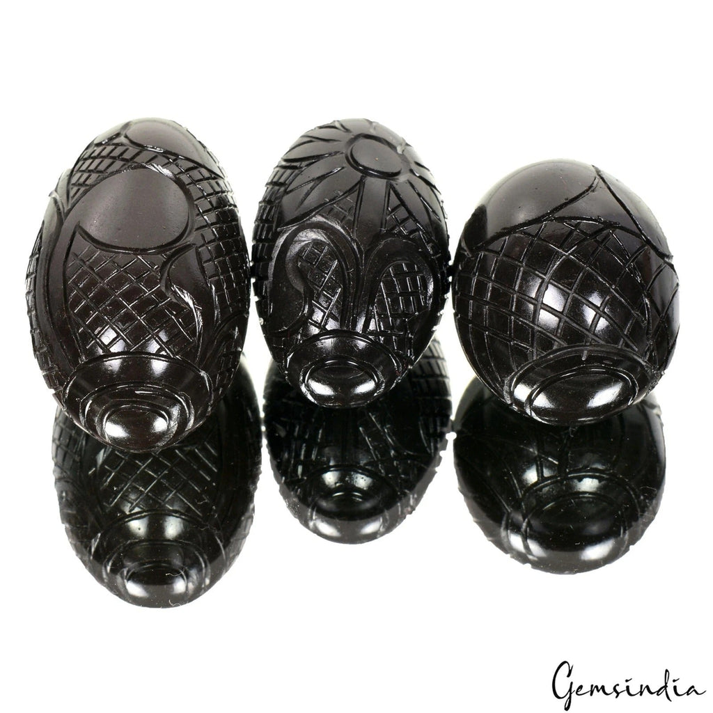 850 Ct Black Onyx Agate Carved Crystal Egg Oval Shape Reiki Healing Gemstones 3P