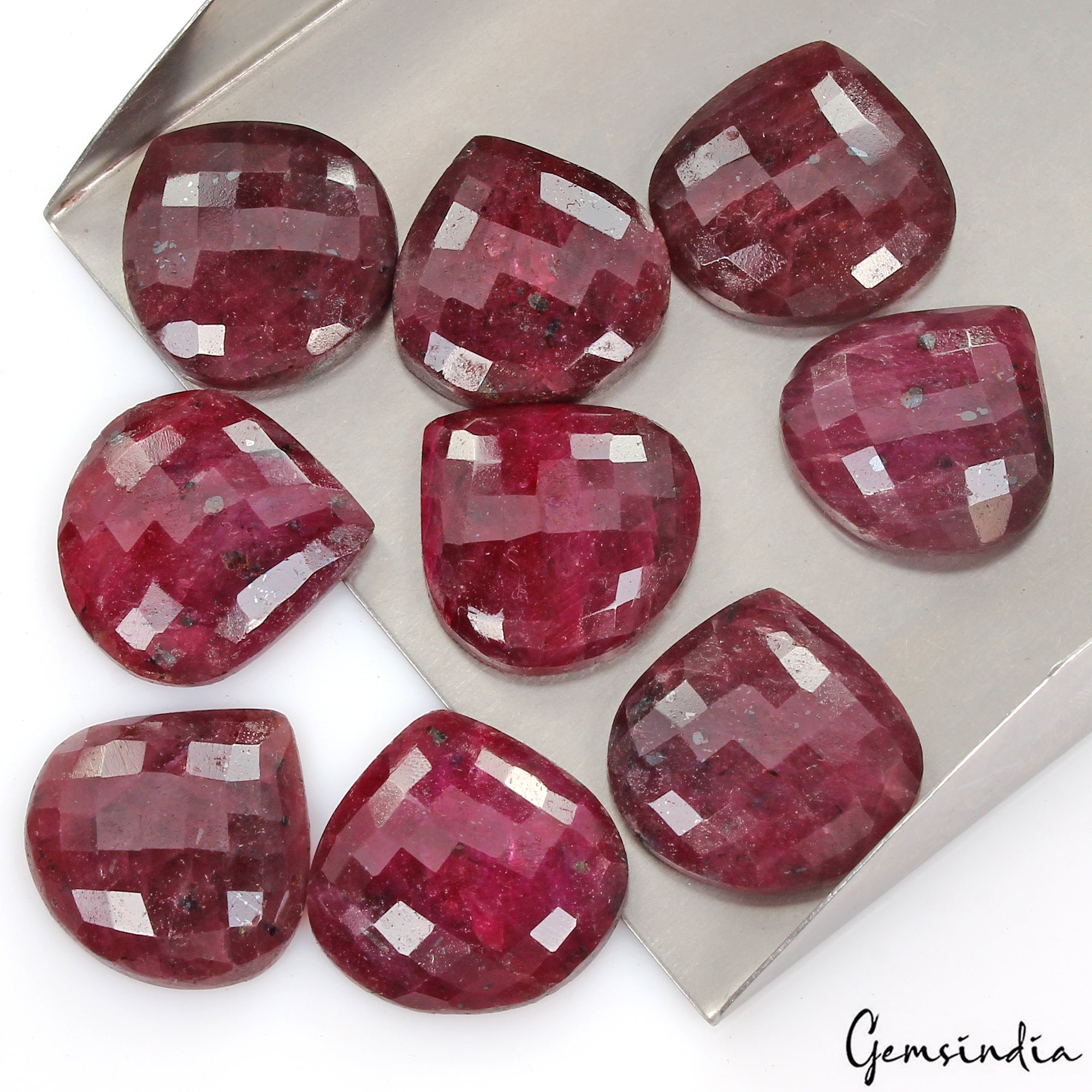 9 Pcs Natural Rich Red Ruby Pear Checker Heart Cut 19-24mm Gemstones w/Flat Back